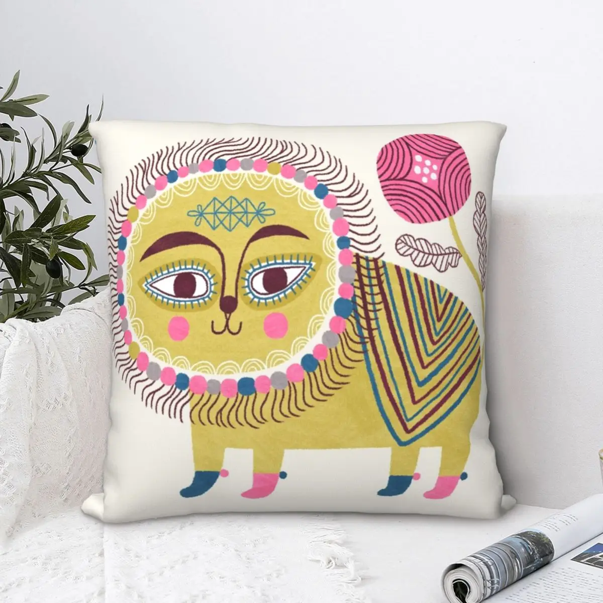 Folk Lion Square Pillowcase Cushion Cover Creative Zip Home Decorative Polyester for Car Simple 45*45cm | Дом и сад