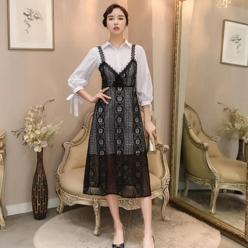 

Set 2018 Autumn And Winter New Products Debutante WOMEN'S Dress Slim Fit Shirt + Lace Base Strapped Dress Two-Piece Set