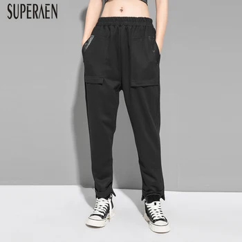 

SuperAen Europe Women Pants Spring and Autumn 2020 New Casual Long Pants Female Solid Color Cotton Harem Pants Women