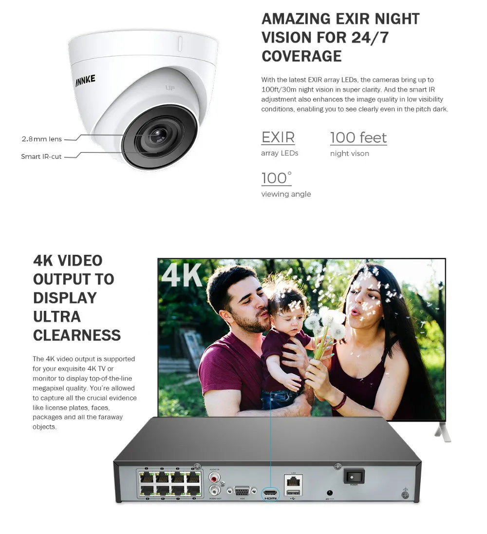ANNKE 8CH FHD 5MP POE сетевой видеорегистратор безопасности Системы 4K H.265+ NVR с 4X8X5 Мп EXIR Ночное видение всепогодный WI-FI IP Камера