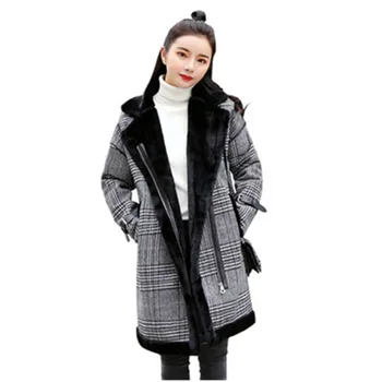 

Faux Lambs Wool Plaid Coat Women Casual Winter Jacket Elegant Turn-down Collar Thick Warm Long Wool Coat Size Female Outerwear