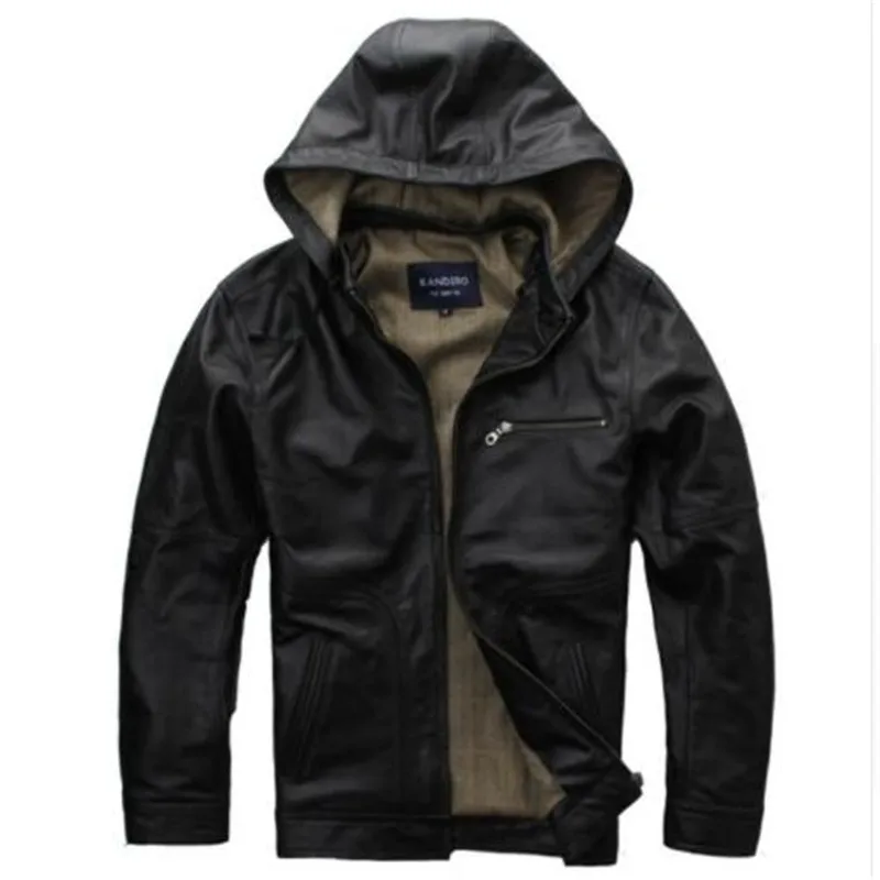 Black Men Hood Casual Leather Jacket Plus Size XXXL Genuine Cowhide Russian Spring Slim Fit Leather Coat FREE SHIPPING