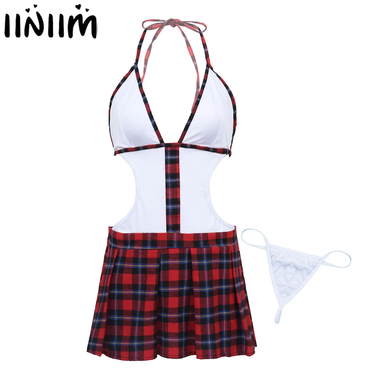 

iiniim Women Adults Naughty School Girl Sexy Costume Lingerie Set Self-tie Design Backless Scottish Plaid Mini Dress with Briefs