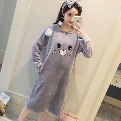 New Style Winter Women's Flannel Cartoon Gray Little Mouse Nightgown