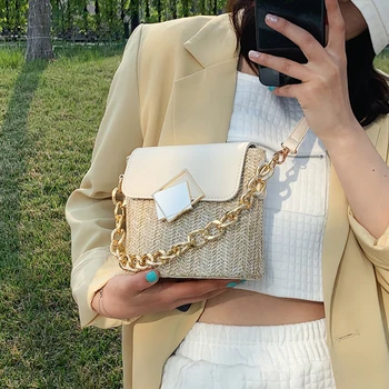 

Contrast color Weave Chain Tote bag 2020 Summer New High-quality Straw Women's Designer Handbag Lock Shoulder Messenger Bag