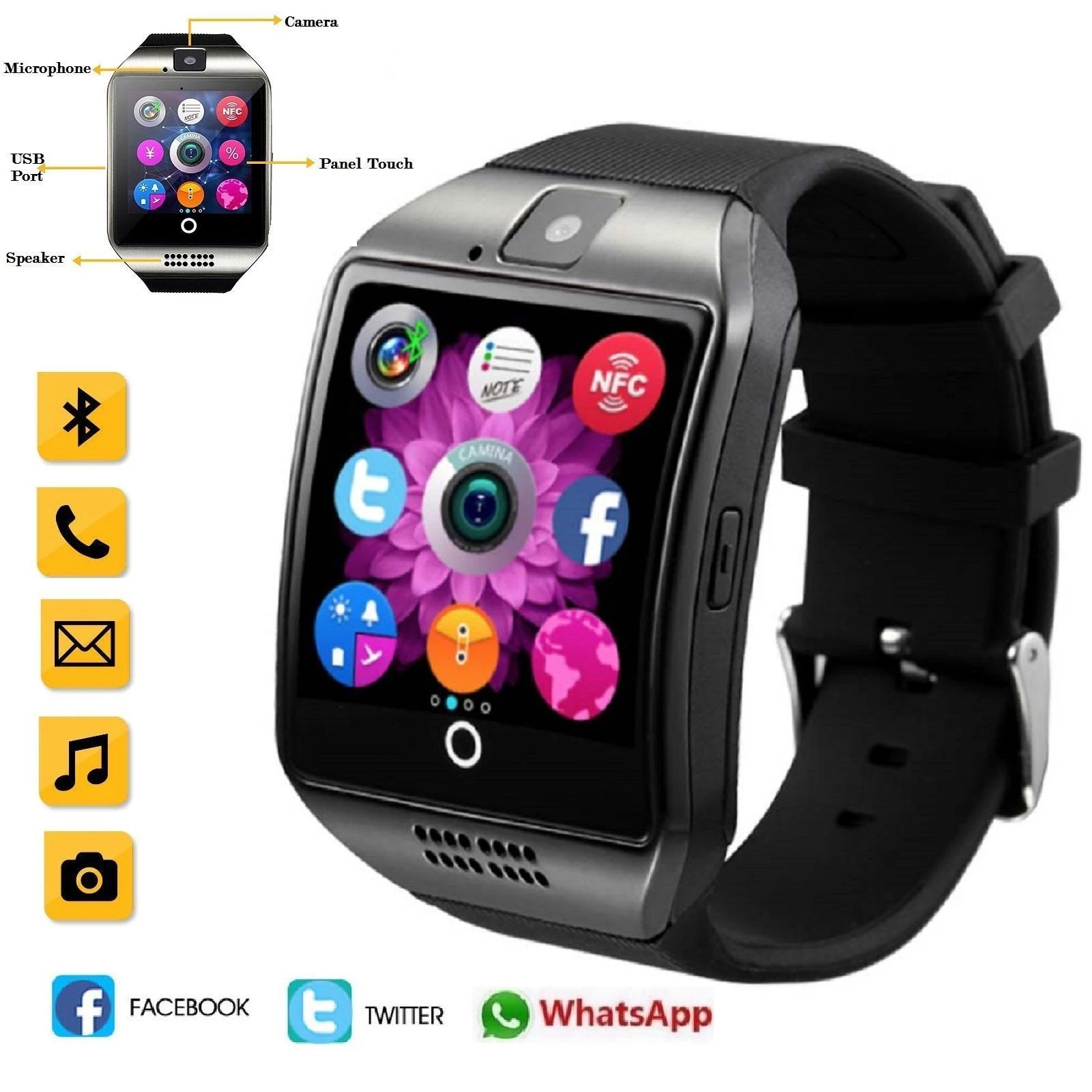 

Bluetooth Smart Watch Q18 Fitness Tracker Touch Screen Support APP Download TF Sim Card Camera Dial /Call for Android Watch