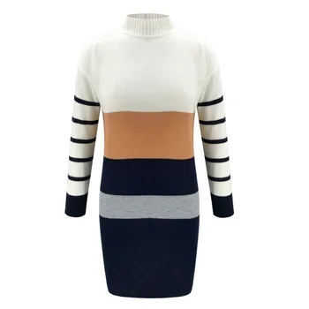

Dress Women Autumn Colorblock Stripes Print High Collar Long Sleeve Sexy Wild Temperament Slim Casual Sweater vestidos XL