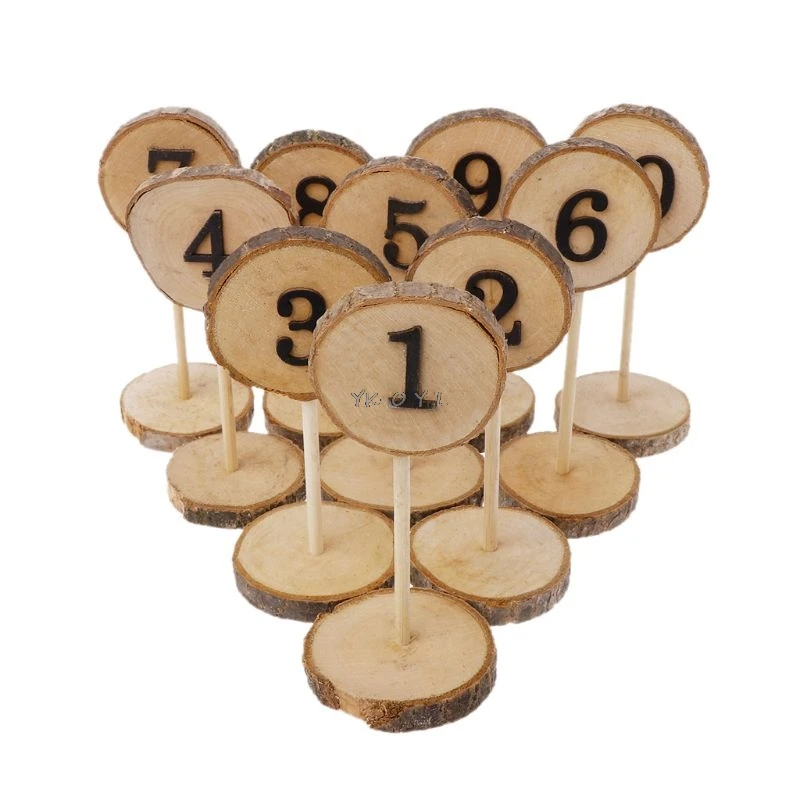 1-10 Rustic Wood Table Numbers Slices Stick Stand Base Seat Cards Decor Retro Wedding Party Supplies Party Direction Signs