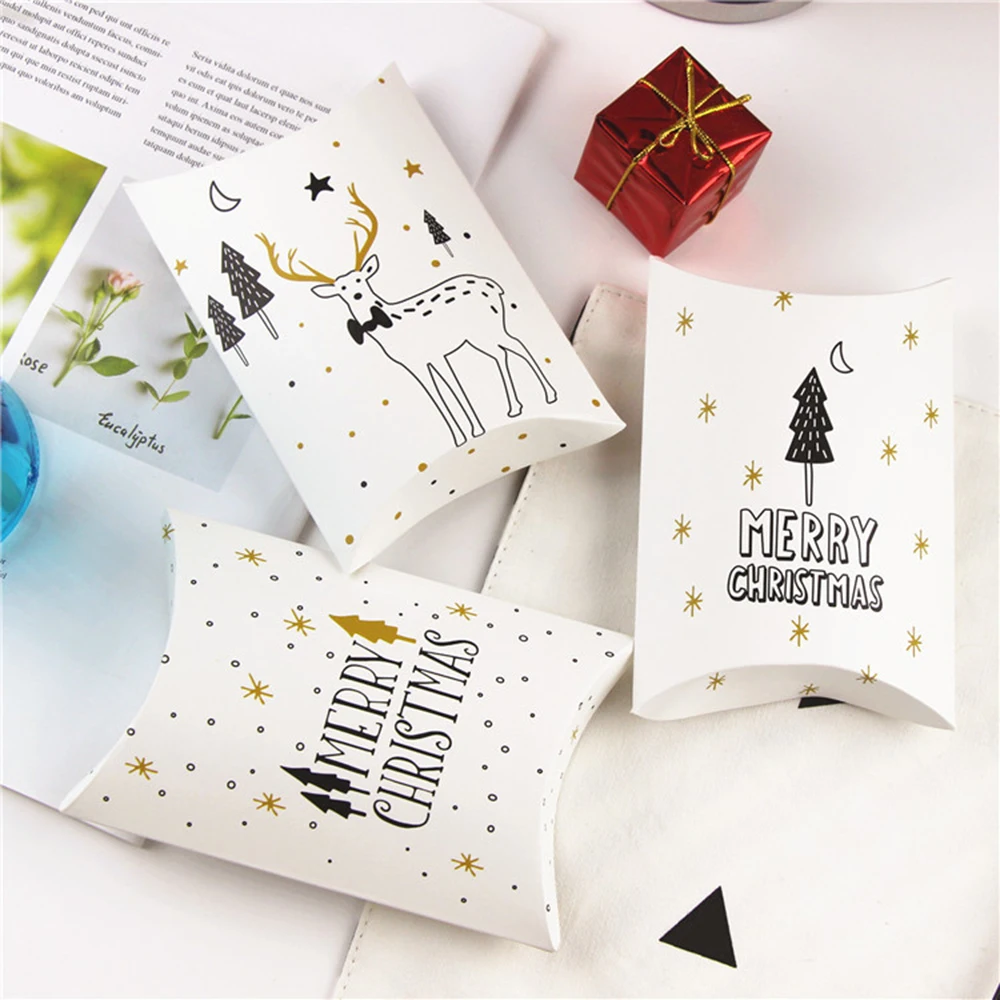 

10PCS Christmas Candy Gift Box Pillow Box Santa Elk Cookie Box Origami Baking Packaging Holiday Theme Box Holiday Decoration