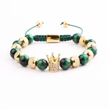 New Coming High Quality Stainless Steel Beads CZ Pave Charm Green Tiger Eye Cord Braided Macrame Bracelet Men Jewelry Gift