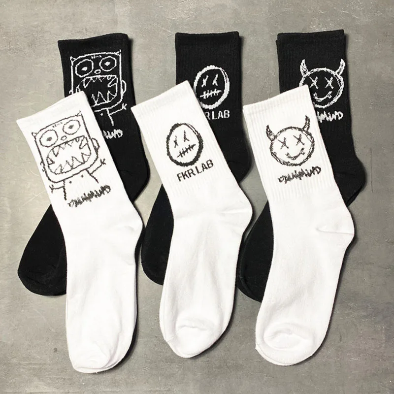 Japanese Cotton Men's Cartoon Pattern Hip Hop Style Street Fashion Creative Skateboard Socks Happy Funny Novelty Crew Socks