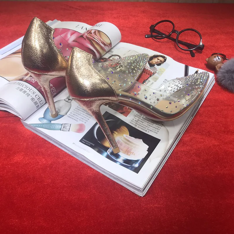 Туфли с красным верхом на высоком каблуке прозрачные цвета: золотистый, серебристый с украшением в виде кристаллов; цвет стразы свадебные туфли невесты; прозрачные женские вечерние на высоком каблуке 12 см 3,14