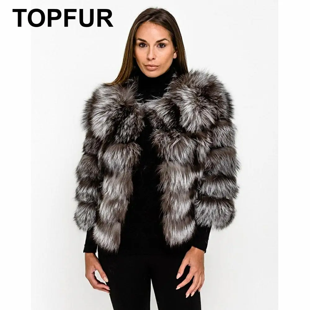 TOPFUR, модное зимнее короткое пальто, кожаная куртка, натуральный мех серебристой лисы, Женское пальто с рукавом три четверти, Manteau Femme