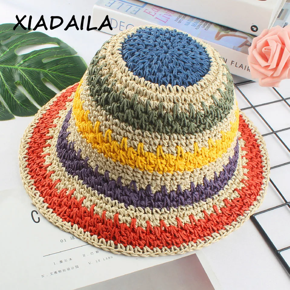 summer Women's bucket hat Straw made rainbow Crochet foldable parent-child Panama hat children female beach sun visor Cap