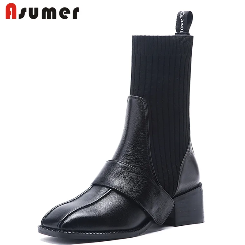 

ASUMER Plus size Genuine leather boots square toe black fashion ladies ankle boots handmade autumn winter shoes women boots