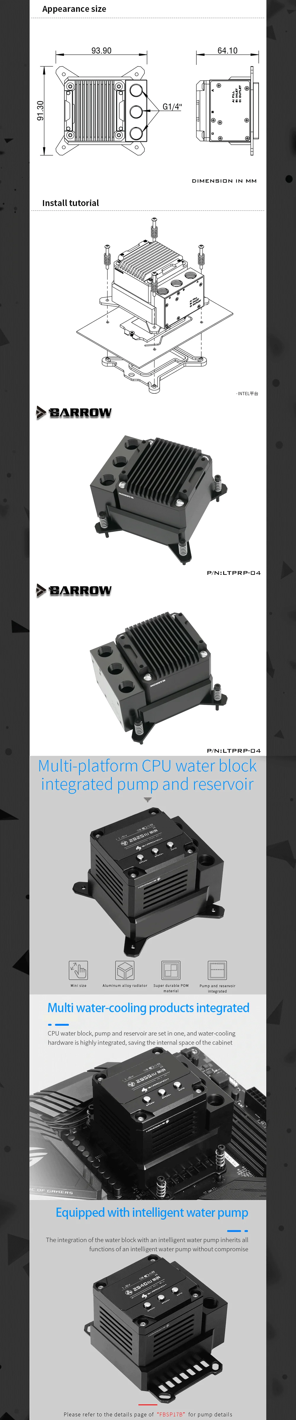 Barrowch POM CPU Block Pump Reservoir 17W PWM Intelligent Pump Three In One OLED Digital Display, LTPRP-04/FBLTPRP-04  