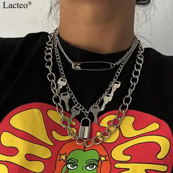 Lacteo Dark Gothic Big Lock Key Angel Pendant Necklace Punk Hip Hop Three Style Choker Necklace Jewelry for Men and Women Gift