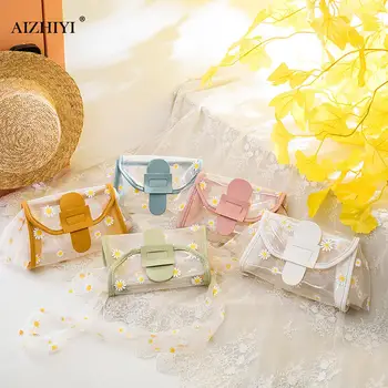 

Daisy Totes PU Splicing Crossbody Handbags Women Transparent Mesh Shoulder Bags Fashion Exquisite Shopping Bag