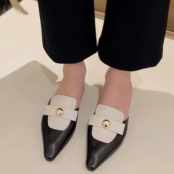 

MLJUESE 2020 women slippers Soft cow leather Rome style summer Metal decoration pointed toe black color sandals party dress
