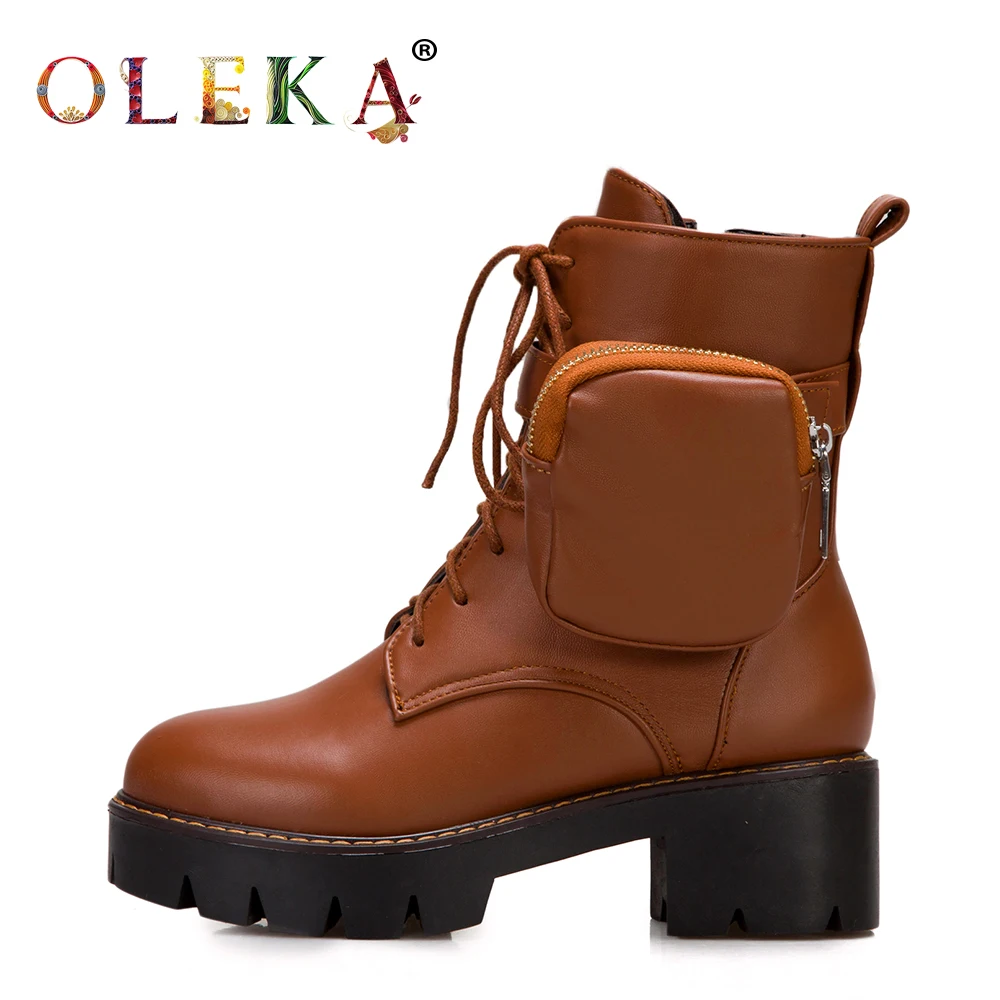 

OLEKA Mid-calf Winter Boots For Women Square Heel Rome Round Toe Leather Boots Women Leisure Style Motorcycle Boots New AS426