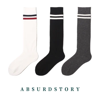 

New Spring Autumn and Winter White Black Knee-High Women Socks Have Two Lines Japanese College Style Cotton Comfortable Stocking