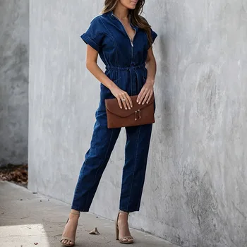 

High Waist Denim Jumpsuit Women 2020 Summer Short Sleeve Belted V-Neck Causal Zipper Jeans Jumpsuits Ladies Rompers Plus Size