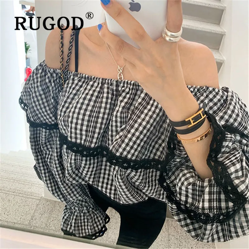 RUGOD Новая модная женская блузка с воротником-лодочкой с открытыми плечами платье с гофрированным кружевом Свободная рубашка шикарная элегантная женская обувь «Гладиатор» с ремешками в Корейском стиле, топы