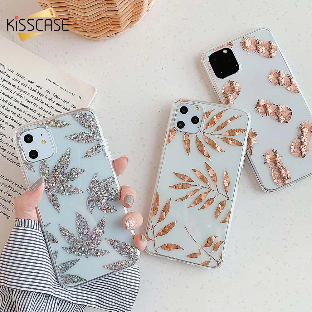

KISSCASE Acrylic TPU Case For iPhone 11 Cases Gold Leaf Back Cover For iPhone 7 XR/XS Max/X For iPhone 7/8 Plus Soft Edge Coque