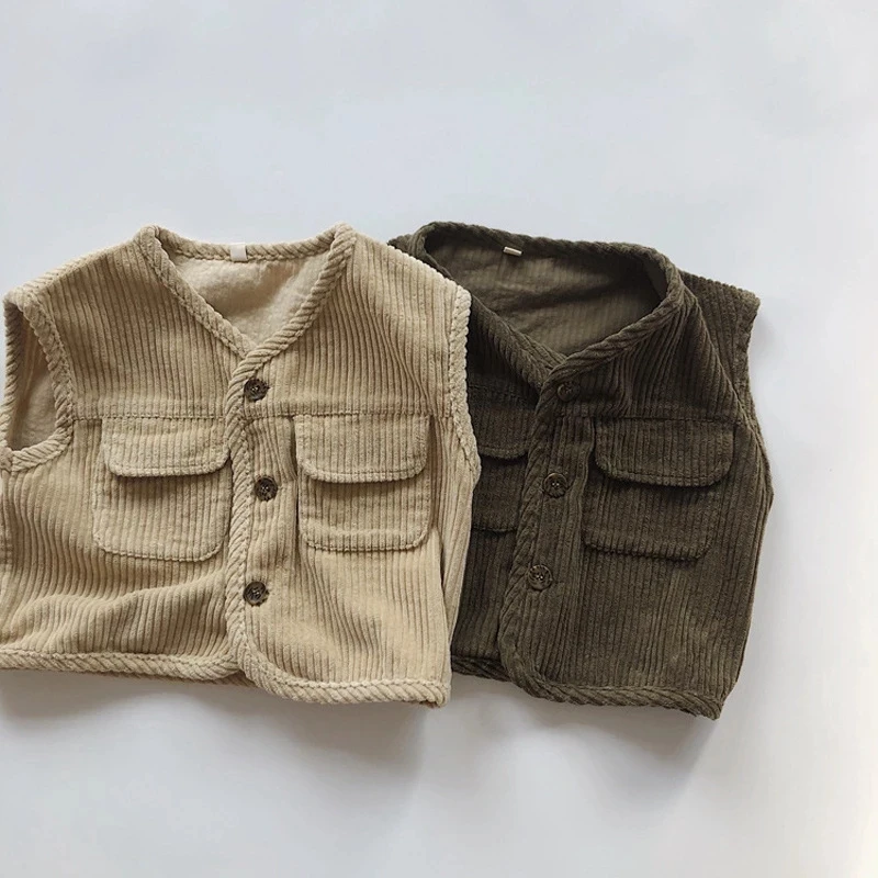 

Korean Baby Boy Girl Corduroy Vest Kids Pockets Waistcoat Sleeveless Tops Jackets Coats Children Autumn Outerwear Clothing