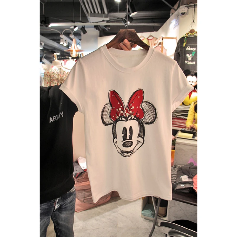 

Cartoon Short Sleeve Tshirt Femme Women 2019 New Summer Korean Nail Pearl Top Loose White T-shirt