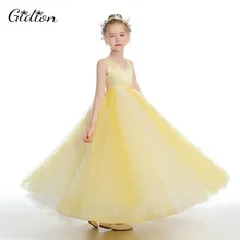 

New V Neck Flower Girls Dresses For Wedding First Communion Yellow Tulle Party Prom Princess Pageant Gown For Kids With Belt