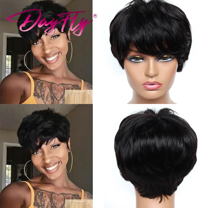 Short Human Hair Pixie Cut Wig Colored Natural Wave Wigs With Bangs Short Ombre Human Hair Wigs For Women Brazilian Hair Wig