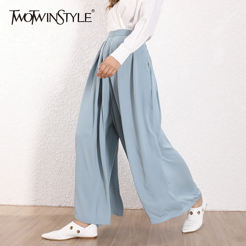 TWOTWINSTYLE элегантные однотонные брюки для женщин с высокой талией с рюшами Большие размеры широкие брюки женские летние повседневные 2019