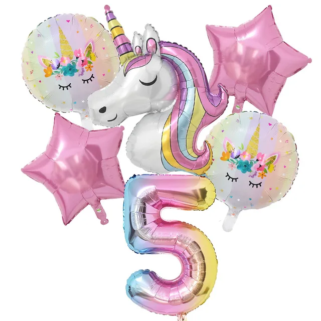 1Set Rainbow Unicorn Balloon 32 inch Number Foil Balloons 1st Kids Unicorn Theme Birthday Party Decorations Baby Shower Globos 5