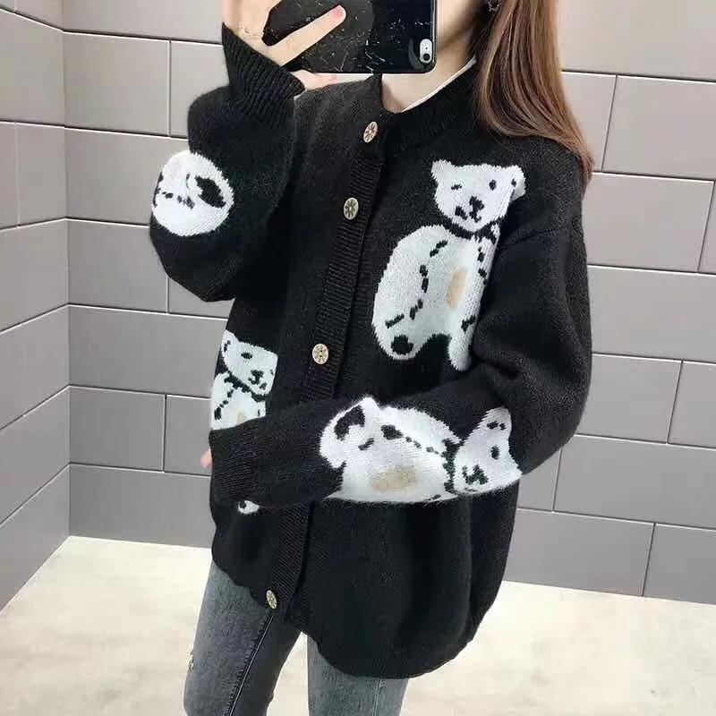 Kawaii, вязаный кардиган с принтом медведя, Женский Повседневный однобортный джемпер, Осень-зима, свободный свитер, топы для женщин