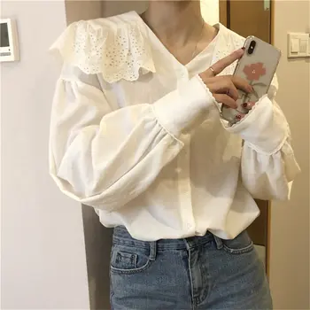 

Alien Kitty Sweet Peter Pan Collar High Quality 2019 Autumn Brief Students Women Fashion All-Match Casual Female Basic Shirt