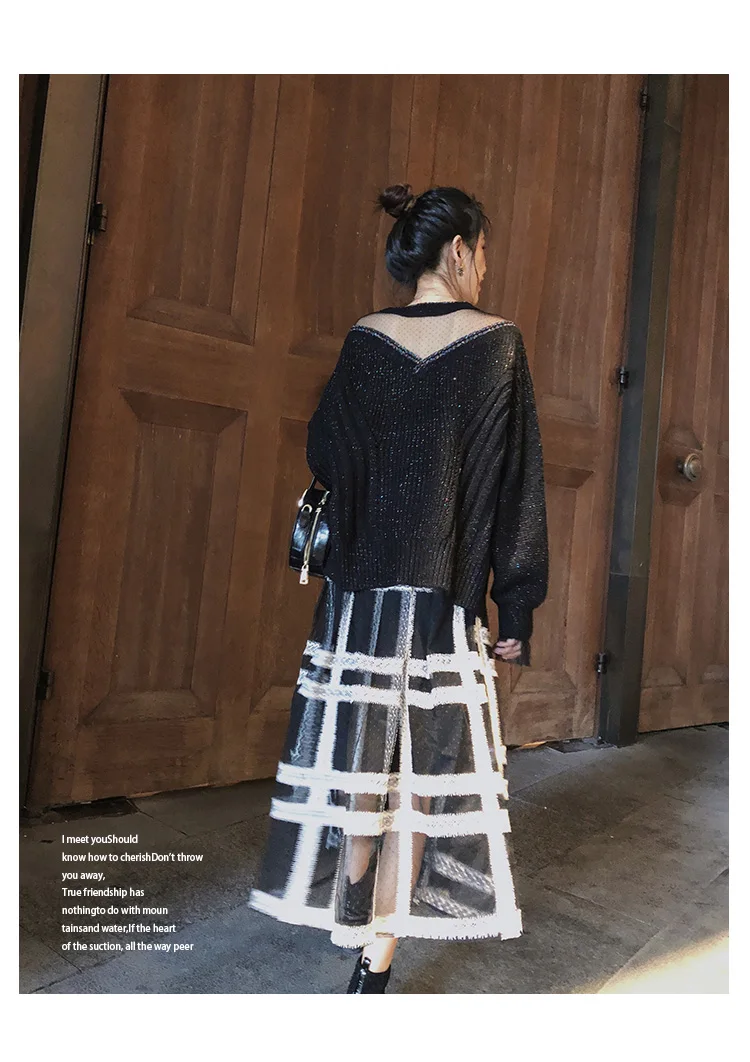 MISHOW autumn plaid pleated skirt women causal elastic waist mesh Mid-length black skirt MX18D1879