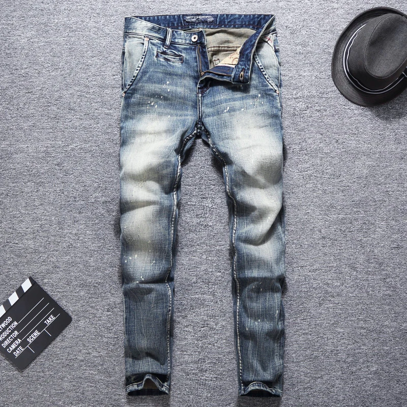

Italian Style Fashion Men Jeans Retro Blue Slim Elastic Vintage Designer Jeans Men Denim Pants Streetwear Hip Hop Jeans Homme