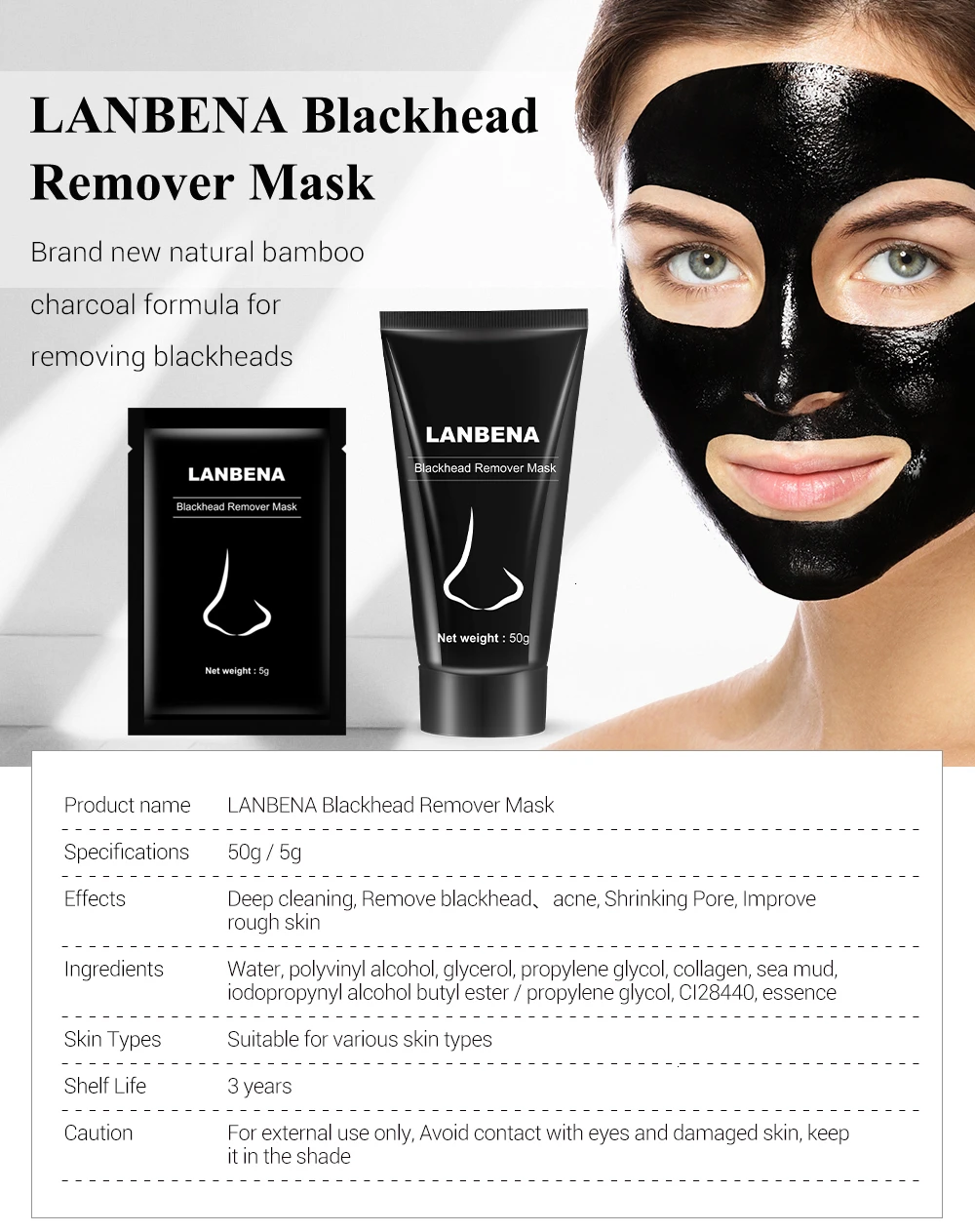 LANBENA, черная маска для удаления черных точек на носу, уход за лицом, лечение акне, Очищающая маска, полоска пор, уход за кожей, Очищающая маска, контроль жирности