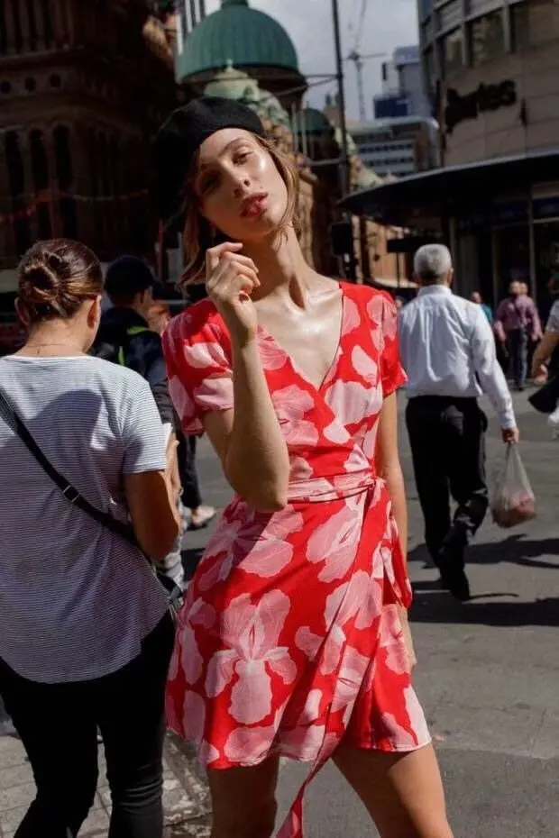 

Europe And America 19 Summer New Style Red Bottom Printed Lace-up V-neck Short Sleeve Chiffon Dress Slim Fit Slimming Short Skir
