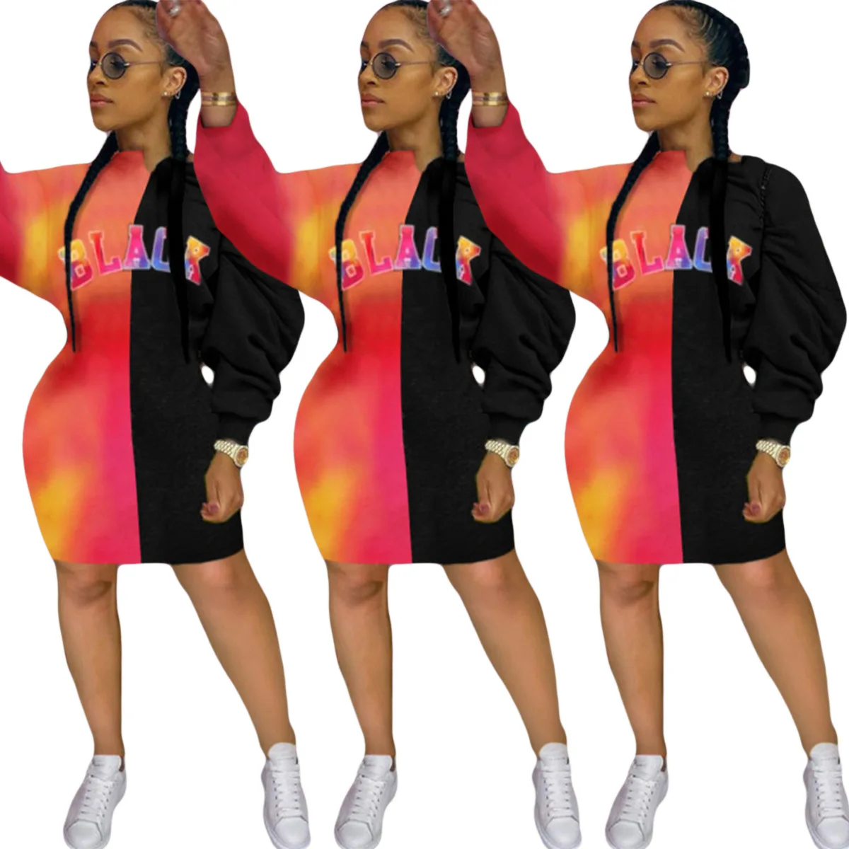 

Winter Women Contrast Letter Printed Long Sleeve Patchwork Plus Size Dress Streetwear Vestidos