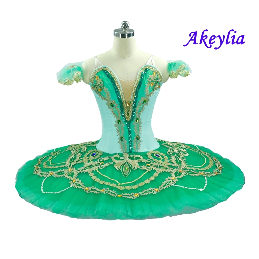 Fairy Doll Pancake Peformance Tutus Green Gold pancake tutus Competition Stage Costume omen Esmeralda Professional Ballet Tutu