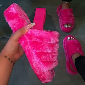 

Women Furry Fur Slides Indoor Home Slippers Woman Fluffy Flip Flops Ladies Home Shoes Female Flats Shoes Chanclas Mujer 2020