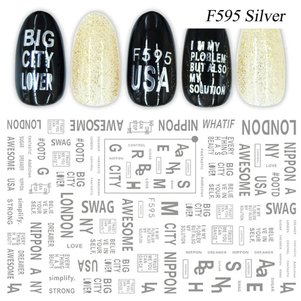 F595 Silver 1 шт наклейка для ногтей черная буква водная ползунок цветок Фламинго летний дизайн ногтей переводные наклейки маникюрные обертки Фольга Инструмент LEF554-563 - Цвет: F595 Silver