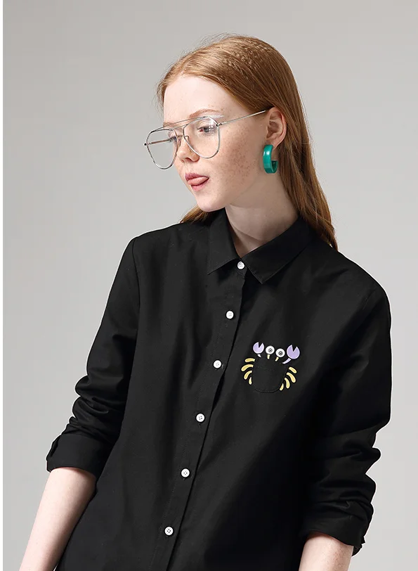 Toyouth забавные животные отложной воротник блузка Повседневная карман с длинным рукавом печатных рубашки женские топы - Цвет: Black crab