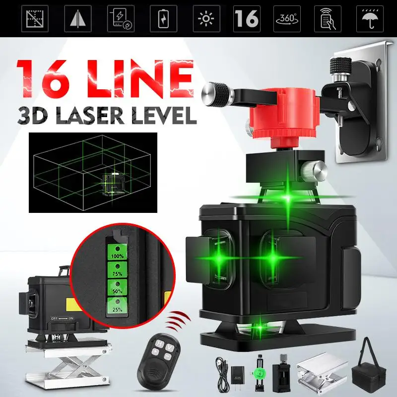 16 зеленых линий лазерный уровень+ пульт дистанционного управления 3D самонивелирующийся 360 горизонтальный и вертикальный крест Открытый Мощный лазерный луч линии