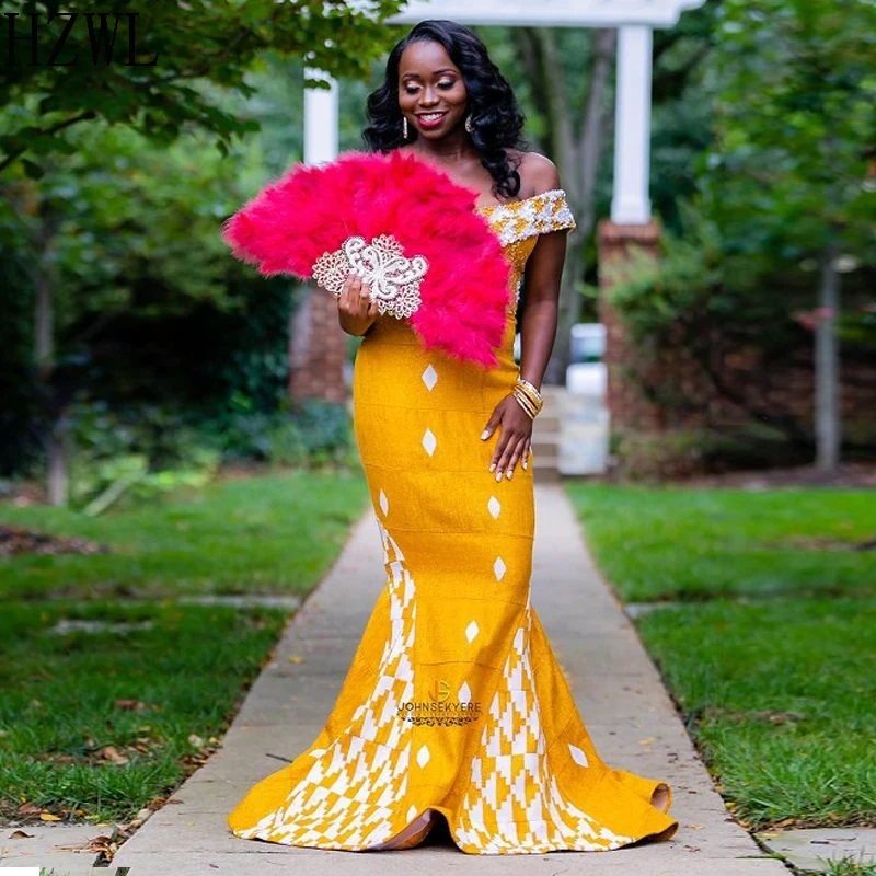 

2020 New Arrival Off Shoulder Yellow and White Aso Ebi Dress Zipper Back Floor Length Evening Dresses robe de soiree Prom Gowns
