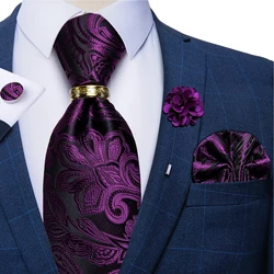 Luxury Purple Paisley Silk Tie For Men Business Wedding Neck Tie Set With Tie Ring Brooch Pin Men's Cufflinks Pocket Square Gift