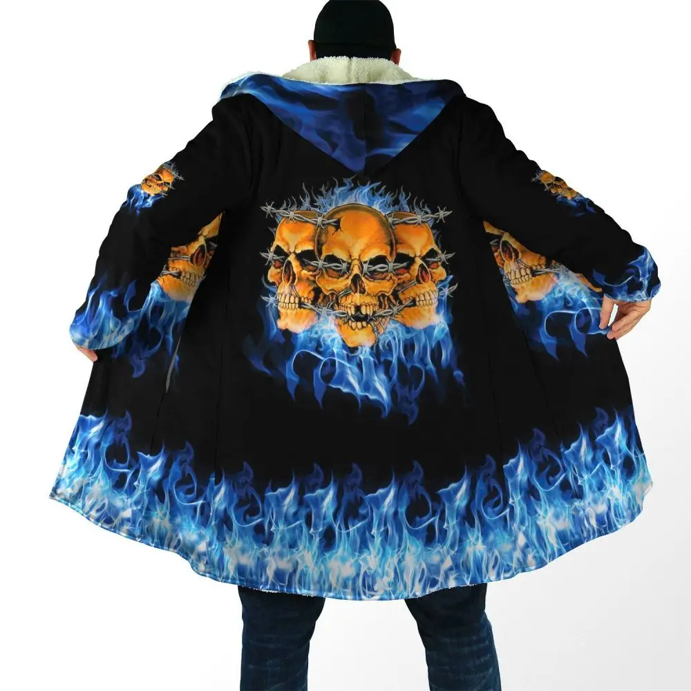 

3D All Over Printed Hooded Cloak Skull On Blue Fire Winter Warm X-Long Coat Mens Unisex Flannel Outwear Dropshipping