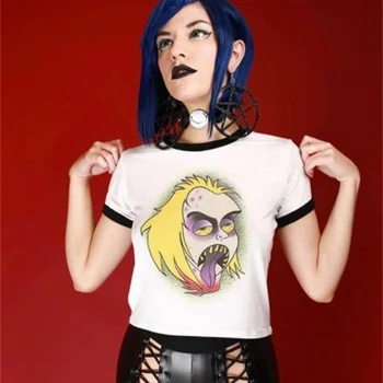 

InsGoth Streetwear Grunge Print T-shits Women White Bodycon Casual Tops Gothic Harajuku Cosplay Female Short Tops